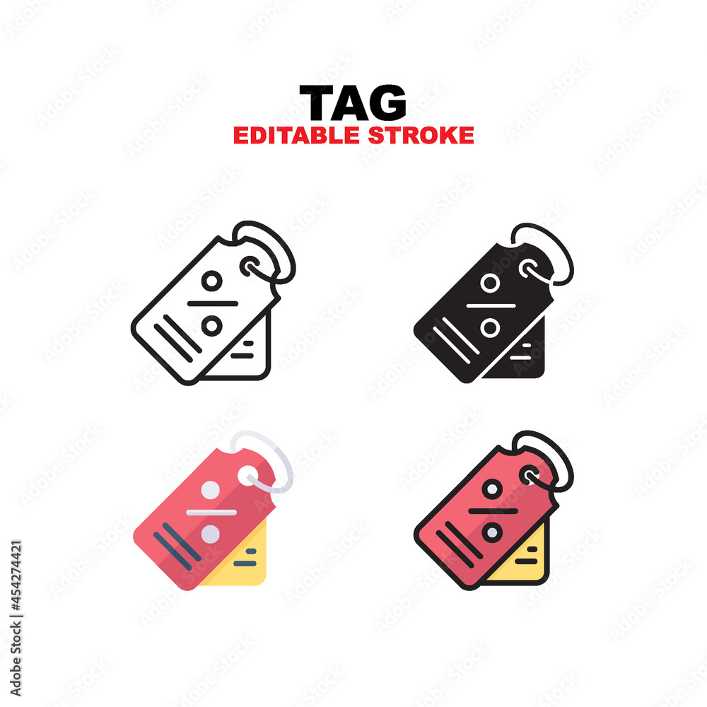 Tag price label icon symbol set of outline, solid, flat and filled outline style. Isolated on white background. Editable stroke vector icon.