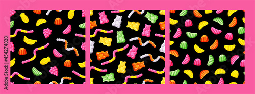 Various jelly candies, gummy bears, worms, fruits. A set of seamless patterns. Colored healthy sweets. Vector cartoon illustration