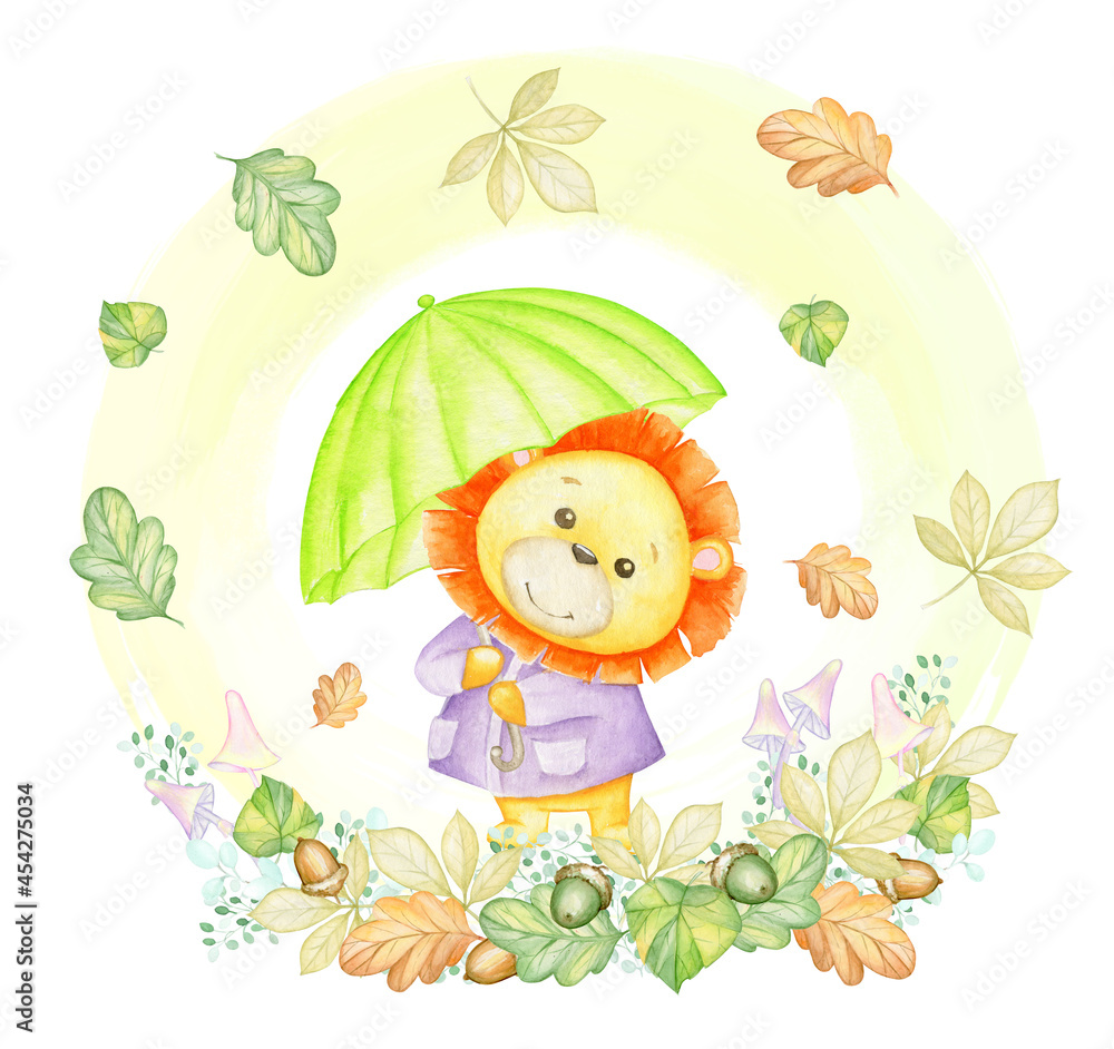 A small lion, with a green umbrella, on a background of autumn leaves, mushrooms, and plants. A watercolor concept, on an isolated background, in a cartoon style.
