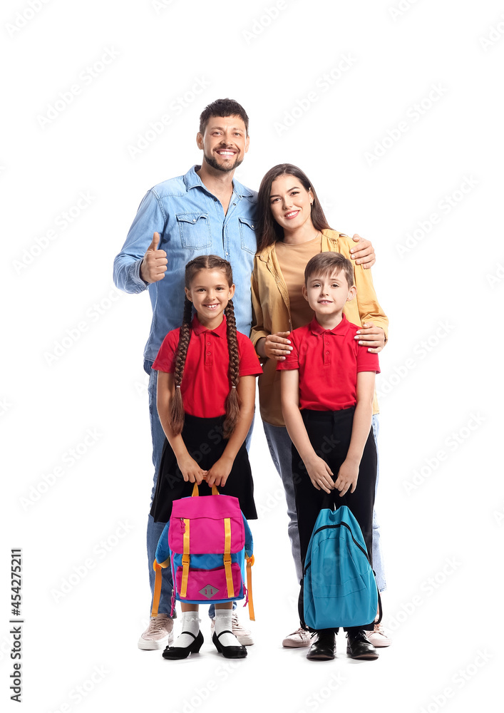 Little schoolchildren with their parents on white background Little schoolchildren with their parents on white background