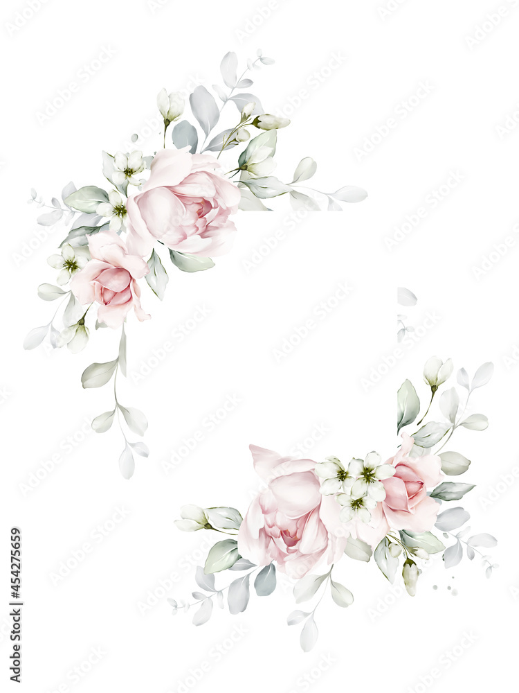 Greeting card with roses and foliage on a white background in a watercolor style