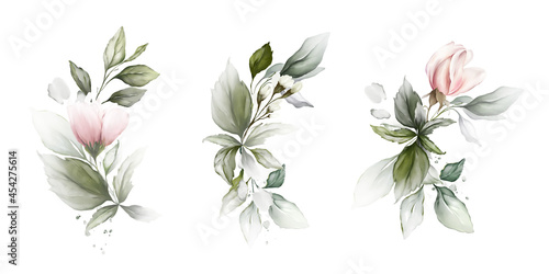 Set of botanical compositions with foliage and flowers on a white background.