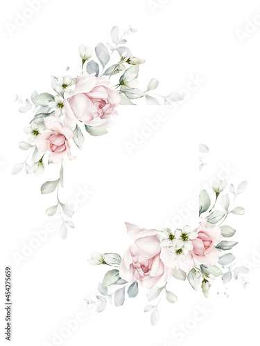 Greeting card with roses and foliage on a white background in a watercolor style