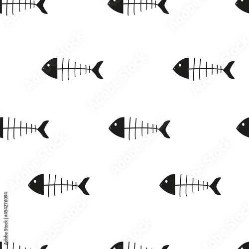 Fish skeleton seamless pattern. On a light background. Flat vector sea, ocean or water animals sign. Fish bones, fish bone imprint. Fish skeleton bone icon. Cat food. Cartoon style.