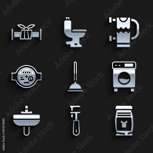 Set Rubber plunger, Pipe adjustable wrench, Laundry detergent, Washer, Washbasin, Water meter, Heated towel rail and Industry metallic pipe icon. Vector