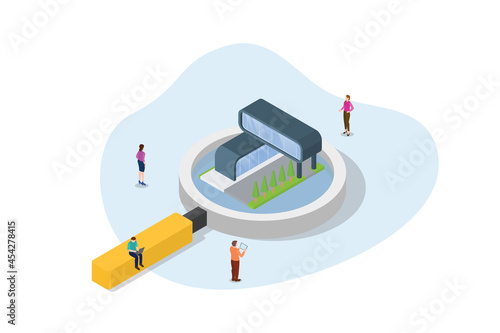 search house concept with people and magnifying glass tools with modern isometric style