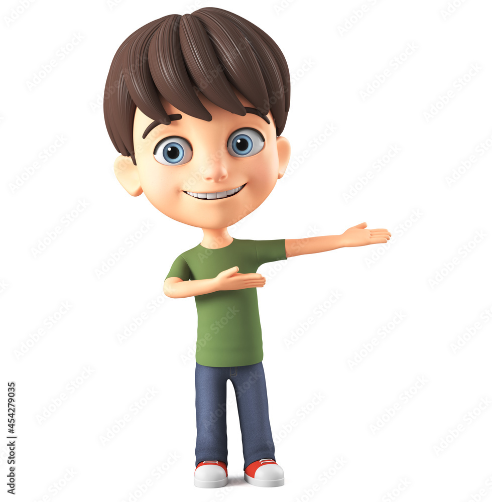 Cheerful character cartoon little boy points to an empty space. 3d render illustration. Cheerful character cartoon little boy points to an empty space. 3d render illustration.