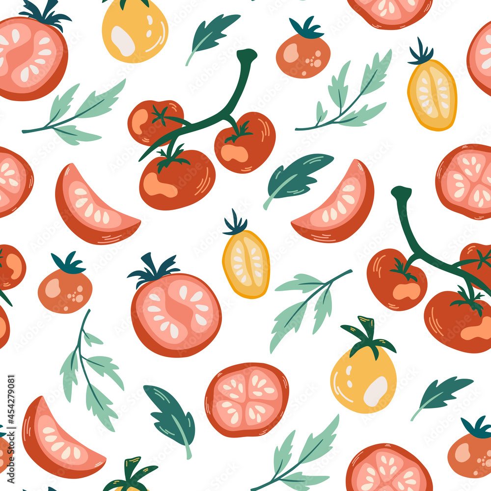 Obraz premium Tomatoes seamless pattern. Hand draw Ripe juicy tomatoes on a branch, slices and leaves. Endless texture for kitchen wallpaper, textile, fabric, paper. Vegan, farm, natural. Food vector background.