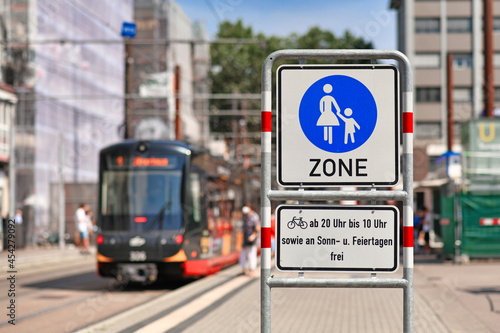 Karlsruhe, Germany - August 2021: Traffic free pedestrian zone sign in city center photo