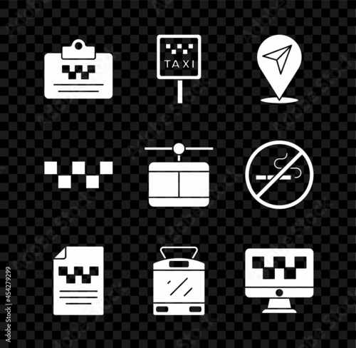 Set Taxi driver license, Road sign for taxi stand, Location, Tram railway, Computer call service, car roof and Cable icon. Vector