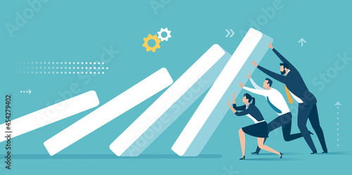 Support - help. Resist falling. Stopping the domino effect. Business vector illustration.