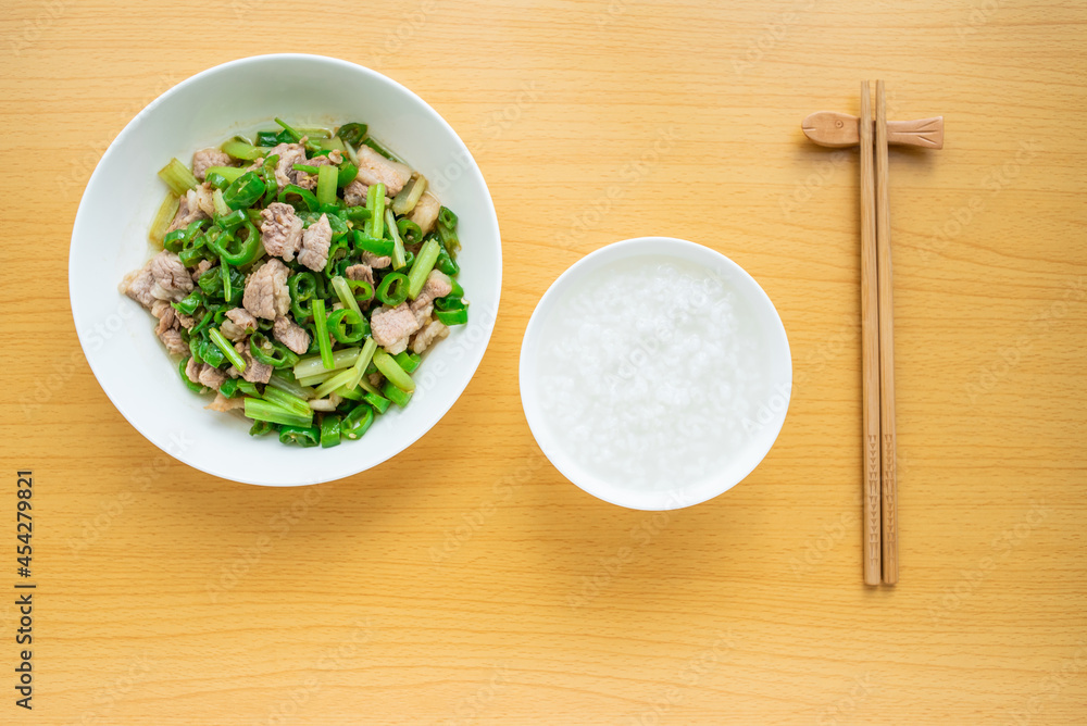 Summer appetizer recipe white porridge with chili fried pork