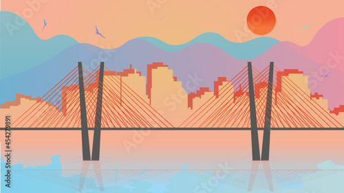 Bild auf Leinwand Russia, Vladivostok, sunset sea city in the port