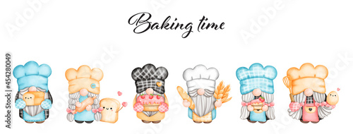 Digital painting watercolor Little Chef Gnome, Baker Gnome greetings card. Cooking Gnome