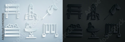 Set Swing boat, Toy horse, Pool with balls, Double swing, Rocket ship and Bench icon. Vector