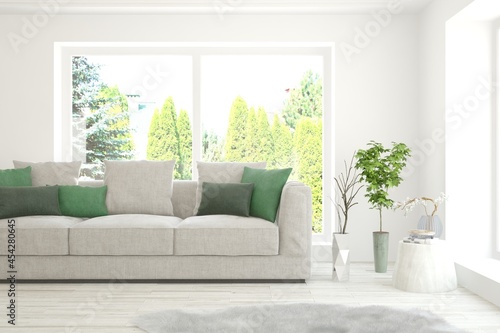 Wallpaper Mural White living room with sofa and summer landscape in window. Scandinavian interior design. 3D illustration Torontodigital.ca