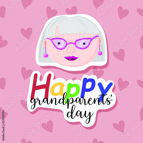 Abstract background with grandmothers and hearts. Sticker effect. Old man. Happy grandparents day greeting card vector illustration. Cute cartoon grandmother.