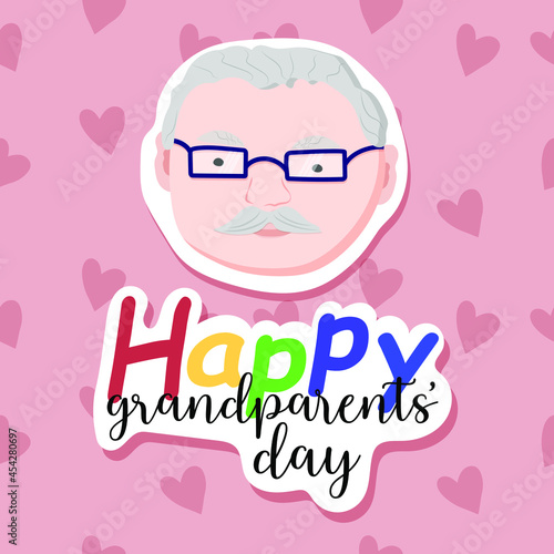 Abstract background with grandfather and hearts. Sticker effect. Old man. Happy grandparents day greeting card vector illustration. Cute cartoon grandpa.