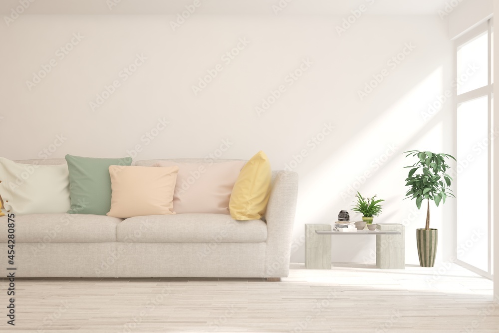 Fototapeta premium Modern living room in white color with sofa. Scandinavian interior design. 3D illustration