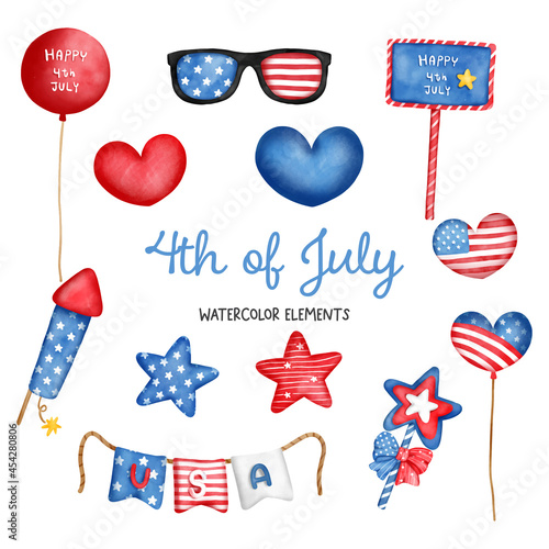 Digital painting watercolor 4th of July element, Independence day element. 
