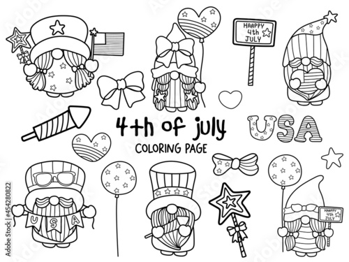 Happy 4th of July with Gnome  Coloring Page.