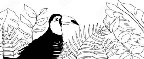 ボタニカルな林の中にいるオオハシのイラスト