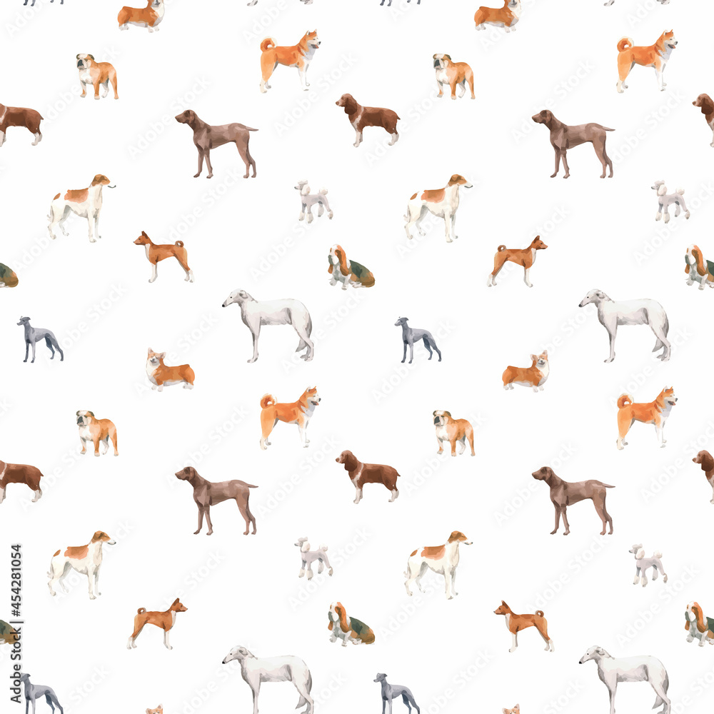 Beautiful autotraced vector seamless pattern with cute watercolor hand drawn dog breeds Cocker spaniel Greyhound Hound Basenji and Russian Greyhound Whippet . Stock illustration.