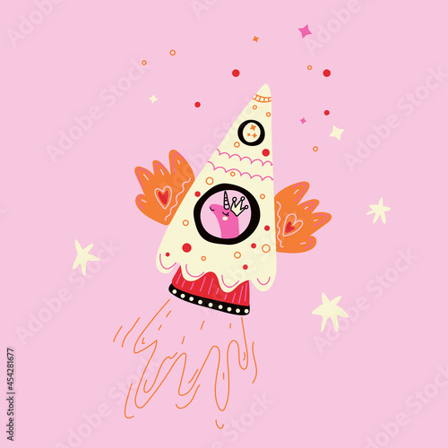 Unicorn flying in rocket flat vector illustration. Scandinavian style animal traveling in space. Sketchy stars, planets. Children textile, t-shirt print.