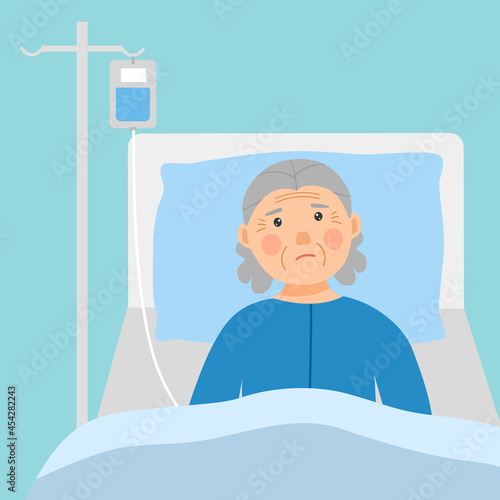 A sick senior woman in medical bed on a drip. Old female patient is in hospital vector.