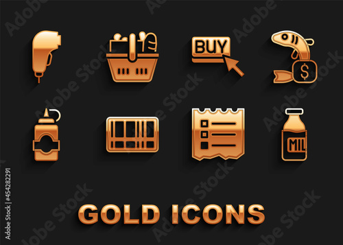 Set Barcode, Price tag for fish, Bottle with milk, Shopping list, Sauce bottle, Buy button, Scanner scanning bar and basket and food icon. Vector