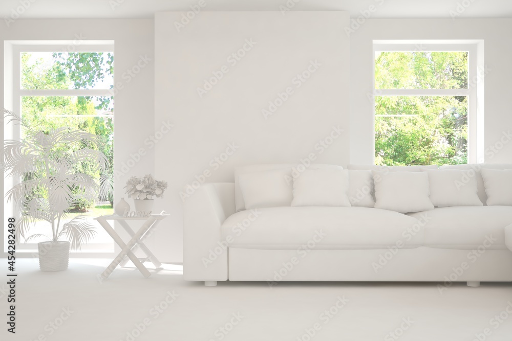 Fototapeta premium Mock up of stylish room in white color with sofa and green landscape in window. Scandinavian interior design. 3D illustration