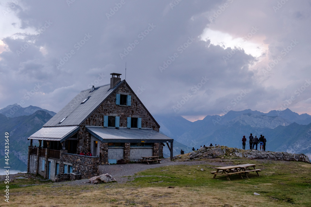 hikers enjoying the scenery, Espuguettes refuge, Pyrenees National Park, Hautes-Pyrenees, France