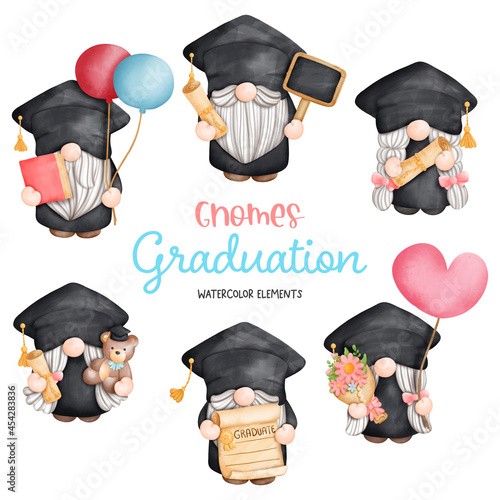 Digital painting watercolor graduation gnomes elements