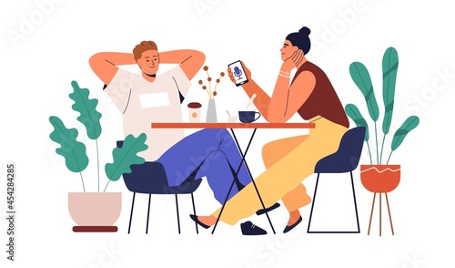 Couple listening to audio podcast together. People with phone enjoying music and coffee. Man and woman relax with online radio broadcast. Flat graphic vector illustration isolated on white background