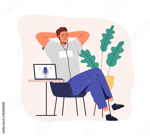Happy relaxed person listening to audio podcast or radio broadcast. Man in earphones enjoying music from laptop. Guy rest with online streaming. Flat vector illustration isolated on white background