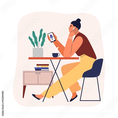 Happy person listening to audio podcast or online radio broadcast at coffee break. Smiling woman relaxing and enjoying music in her earphones. Flat vector illustration isolated on white background