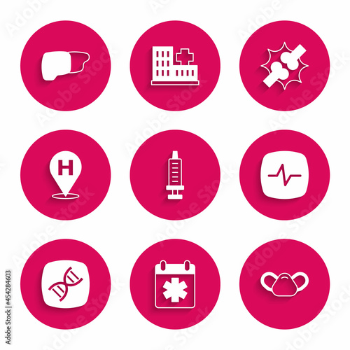 Set Syringe, Doctor appointment, Medical protective mask, Heart rate, DNA symbol, Location hospital, Joint pain, knee pain and Human organ liver icon. Vector