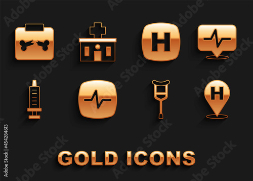 Set Heart rate, Location hospital, Crutch or crutches, Syringe, Hospital signboard, X-ray shots with broken bone and building icon. Vector