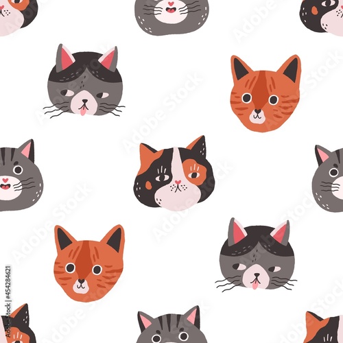 Seamless pattern with cute cats faces on white background. Repeating feline t...