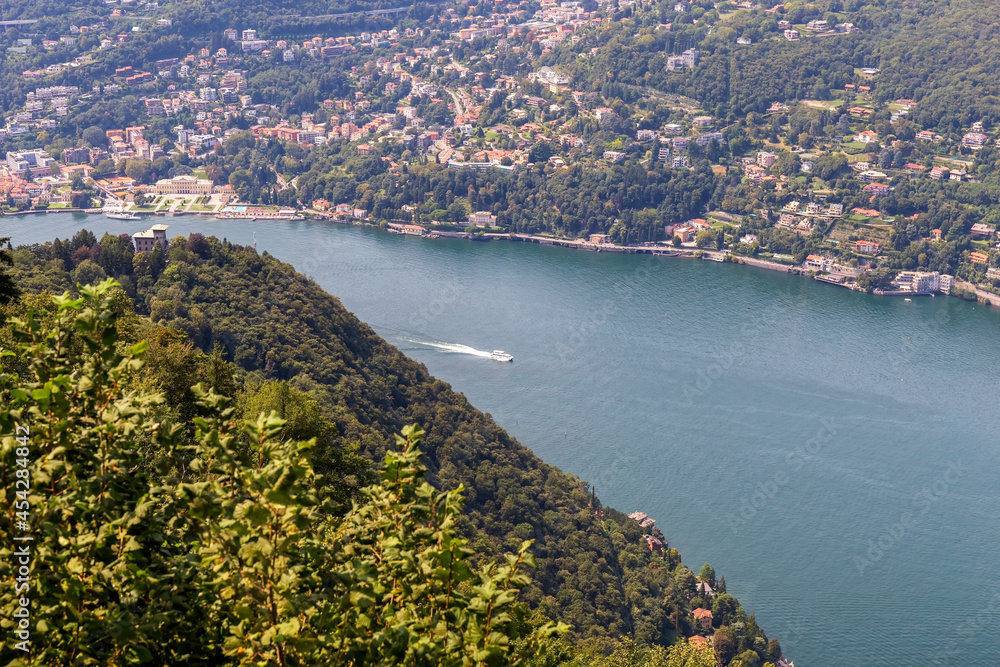 View of Lake Como and the city of Como from the observation deck in Brunate. View of Como from above. Card. Poster. Photo