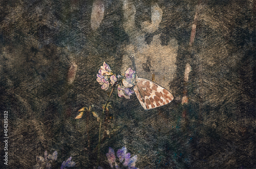 A butterfly sits on a Purple Flower against a brown-green background. Insect and wildflower in a summer morning forest. Digital watercolor painting. Modern Art