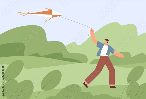 Adult man walking with flying air kite outdoors. Person holding it with string and fly to sky. Happy guy playing with toy alone. Kidult having fun in nature. Flat vector illustration
