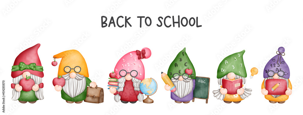 Digital painting watercolor teacher gnome banner, Back to school gnome Digital painting watercolor teacher gnome banner, Back to school gnome