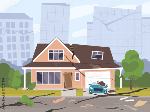 Damaged and destroyed city buildings, roads and cars after earthquake. Apocalyptic cityscape with broken houses in ruins, earth clefts as consequences of natural disaster. Flat vector illustration