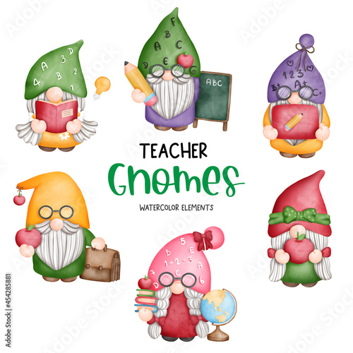 Digital painting watercolor back to school gnomes elements, student gnome