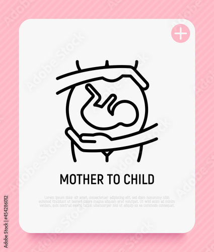 Pregnant woman with embryo in belly. Maternity. Thin line icon. Modern vector illustration.
