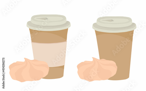 A paper coffee cup with a plastic lid. Coffee to go. Vector illustration on a white background. Coffee with marshmallows.