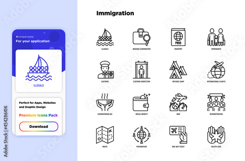 Immigration thin line icons set, immigrants, illegals, baggage examination, passport, international flights, customs, inspection, refugee camp, demonstration. Modern vector illustration.
