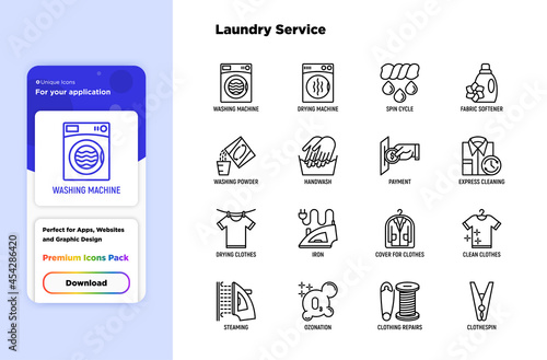 Laundry service thin line icons set. Washing machine, spin cycle, drying machine, fabric softener, iron, handwash, washing powder, steaming, ozonation, repair, clothespin. Vector illustration.