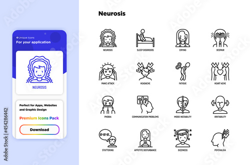 Neurosis and symptoms thin line icon set: panic attack, headache, fatigue, insomnia, despair, phobia, mood instability, dizziness, stuttering. Mental illness. Vector illustration